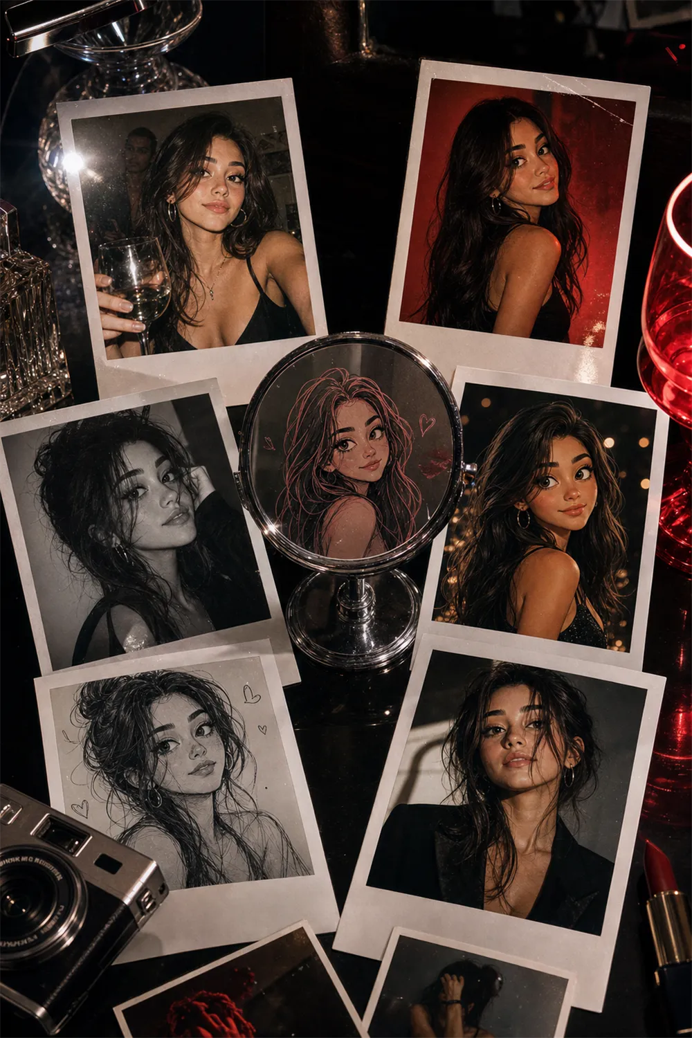 A mirror-and-nightlife avatar photo collage from one selfie.