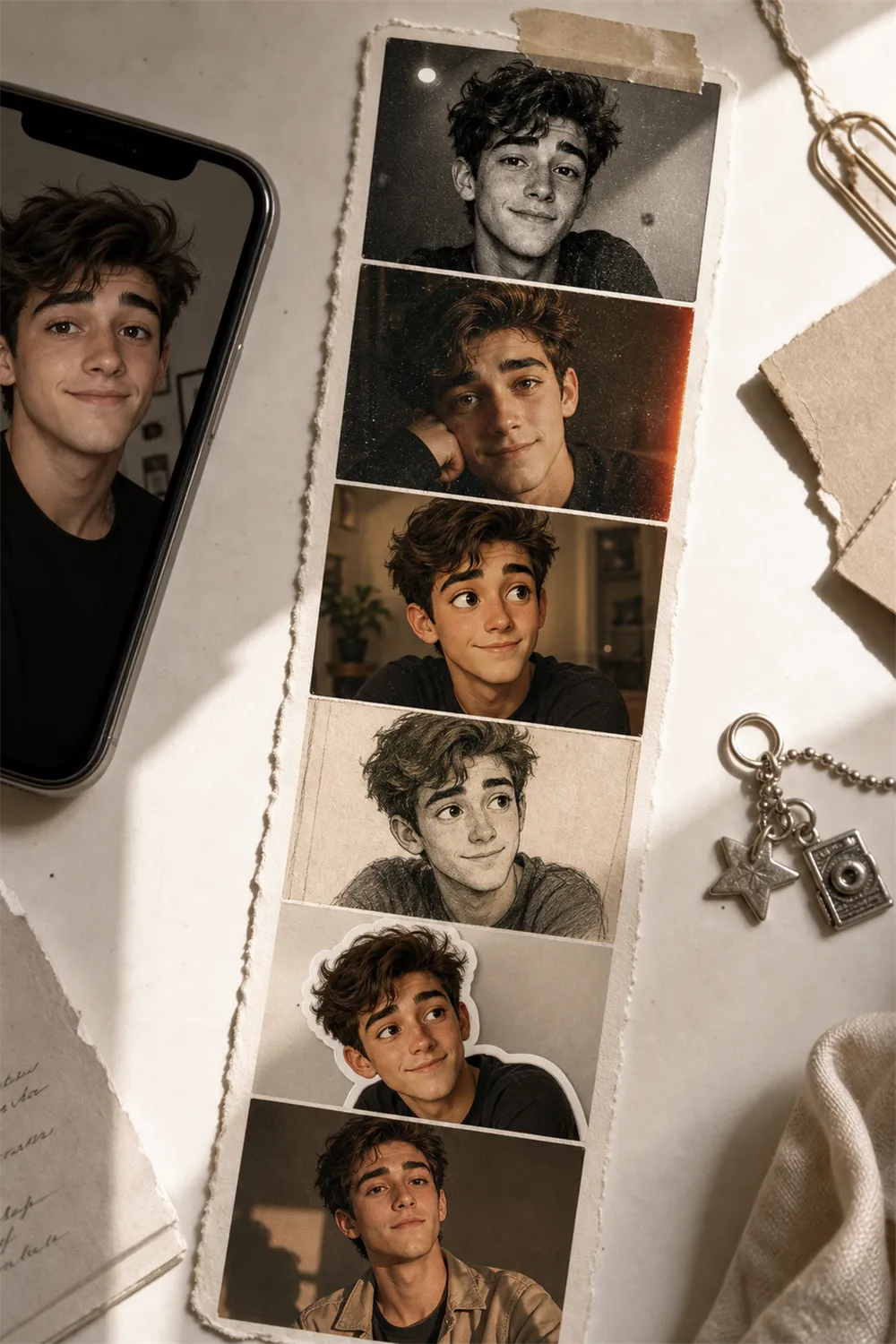 A torn diagonal avatar photo strip from one selfie.