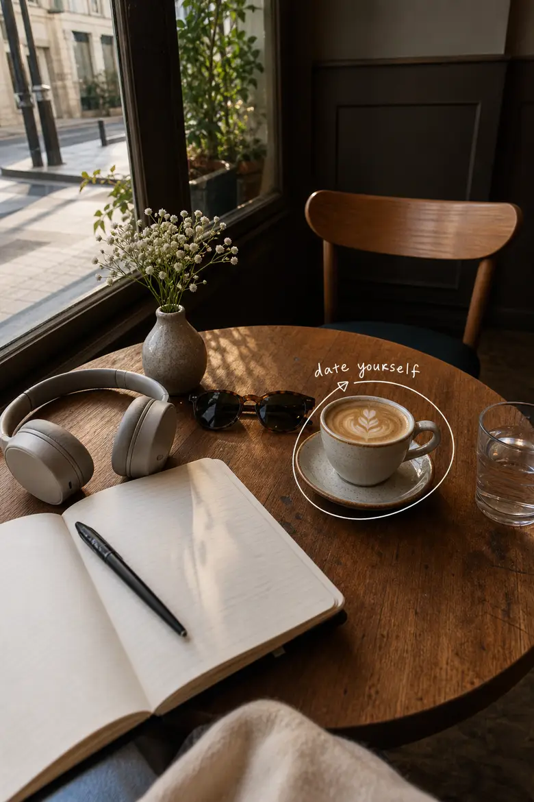A date-yourself cafe lifestyle photo idea from one photo.