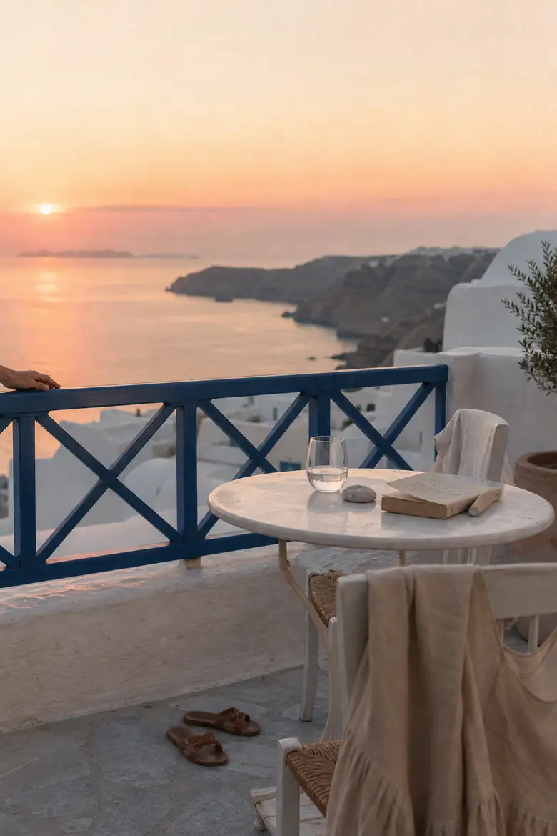 A Santorini balcony sunset photoshoot look from one photo.
