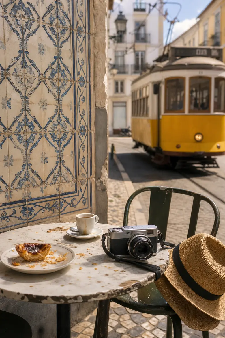 A Lisbon tile-cafe morning photoshoot look from one photo.