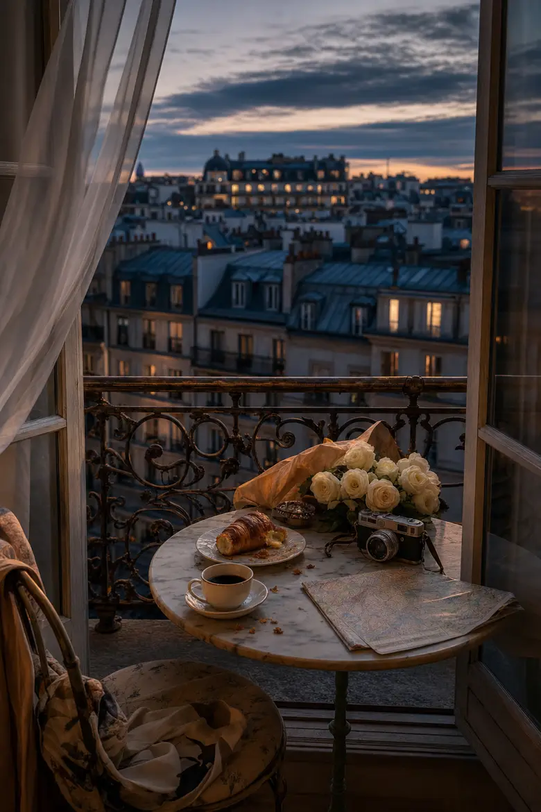A Paris balcony blue-hour photoshoot look from one photo.
