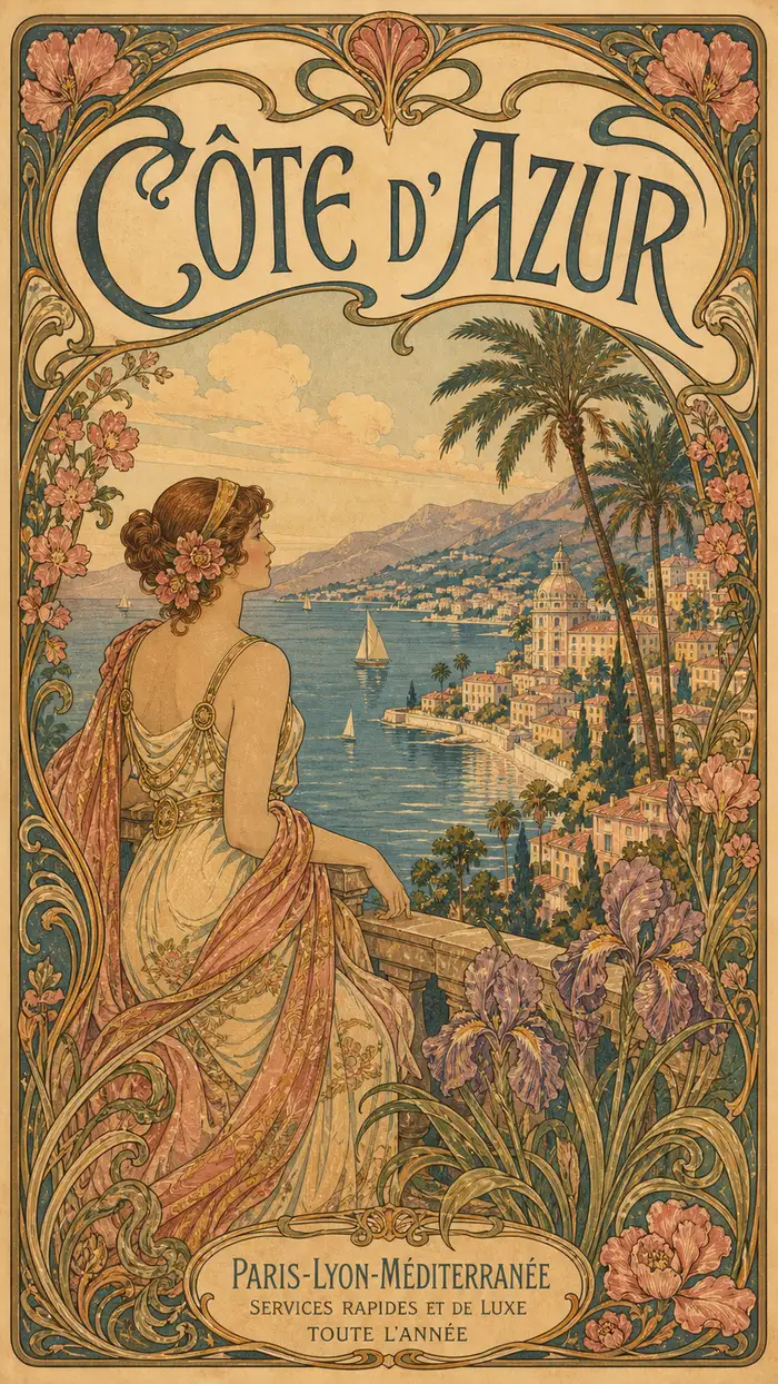 An Art Nouveau Belle Epoque travel poster made with AI.