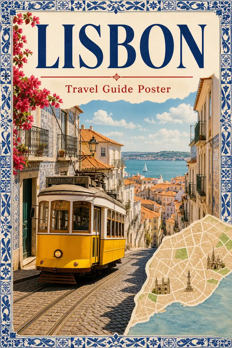 A Lisbon travel-guide poster made with AI.