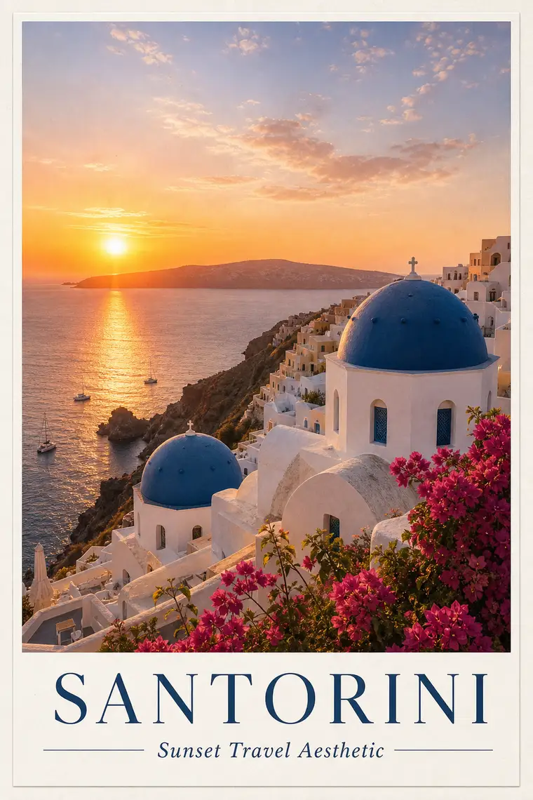 A sun-washed Mediterranean travel poster of a Greek island made with AI.