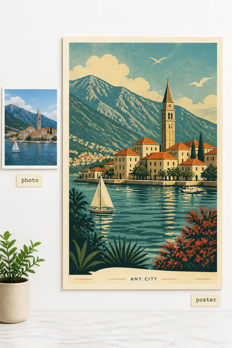 A modern-vintage custom city travel poster made with AI.