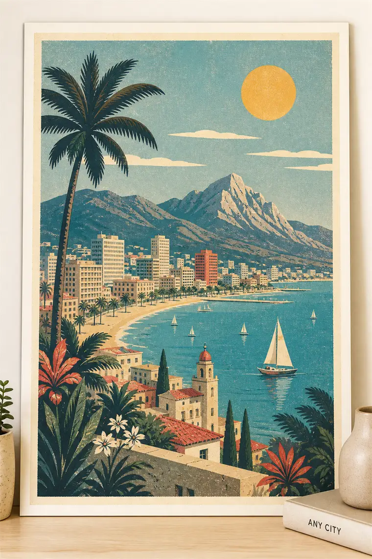 A 1950s screen-print travel poster made with AI from a place name.