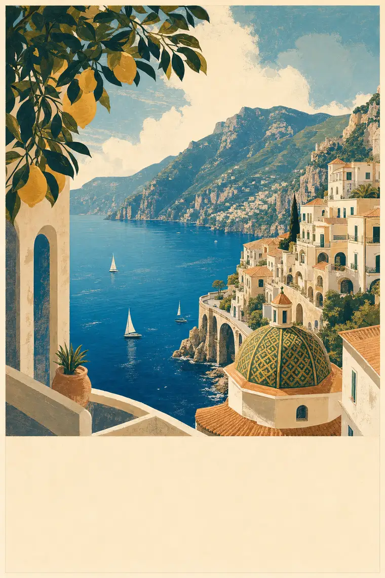 An Amalfi Coast modern-vintage travel poster made with AI.