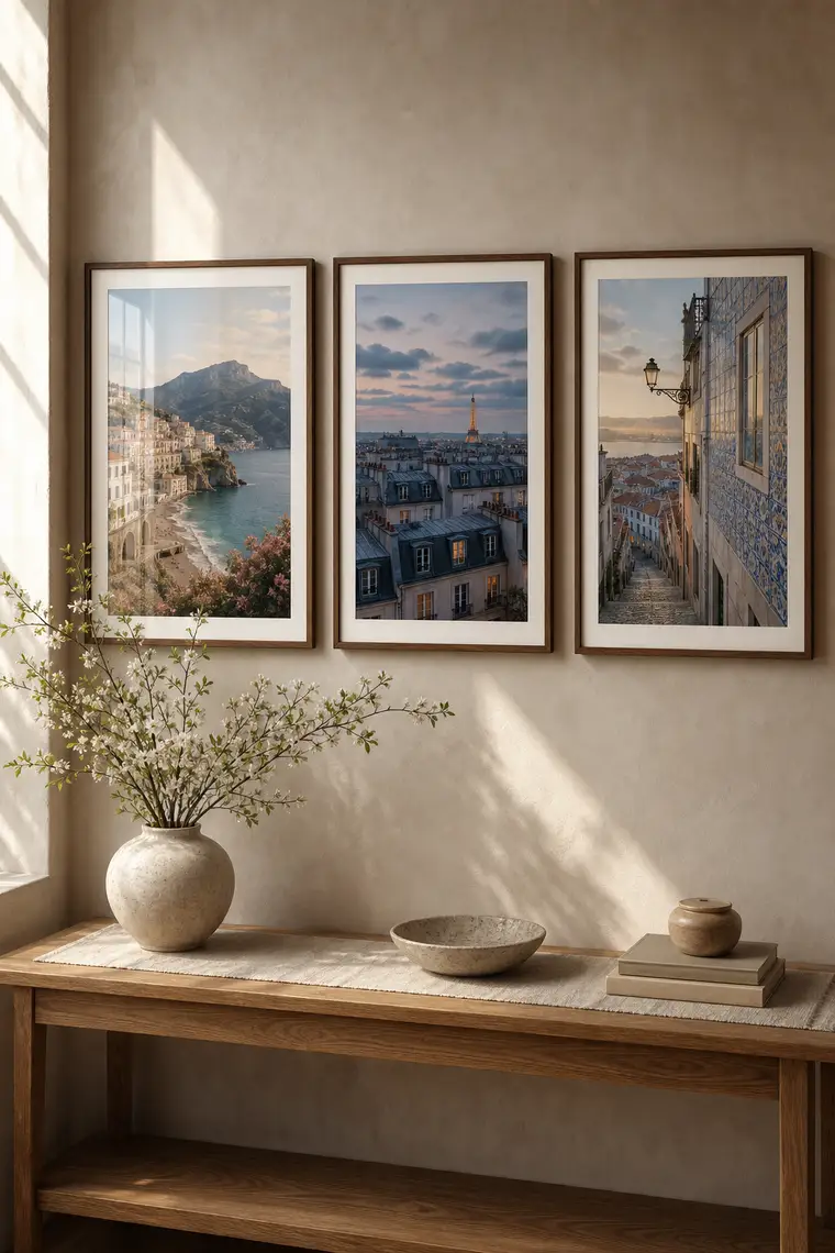 A coordinated gallery wall of travel prints made with AI.