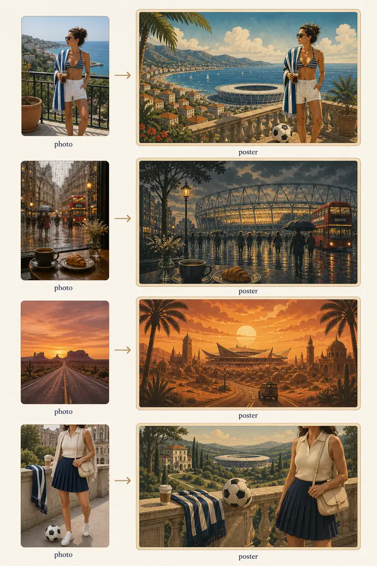 One travel photo turned into four different poster styles.