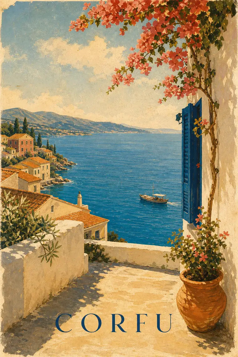 A Corfu sunset travel poster made with AI.