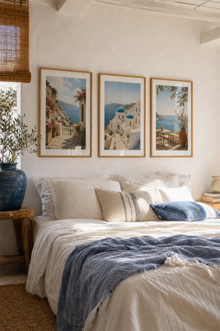 Greek-isle travel posters shown as a gallery wall.