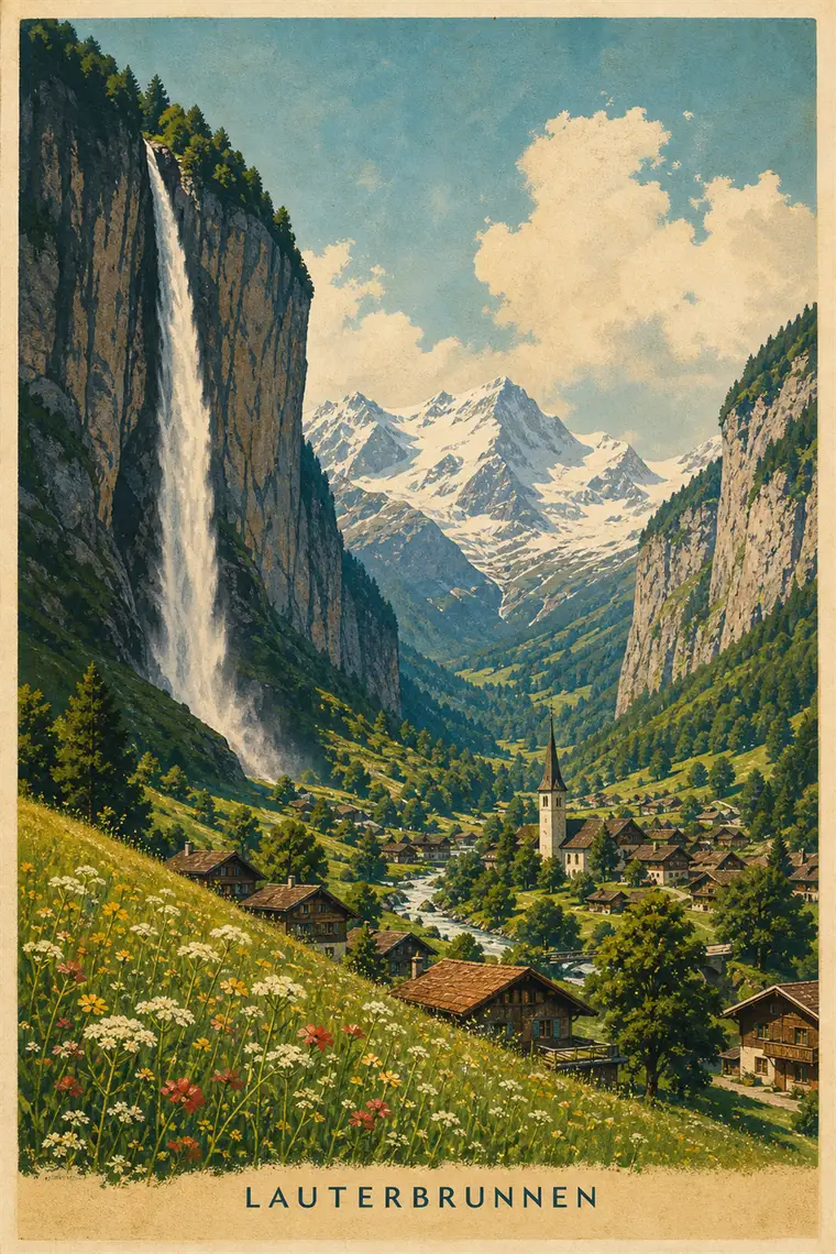 A Lauterbrunnen valley alpine poster made with AI.