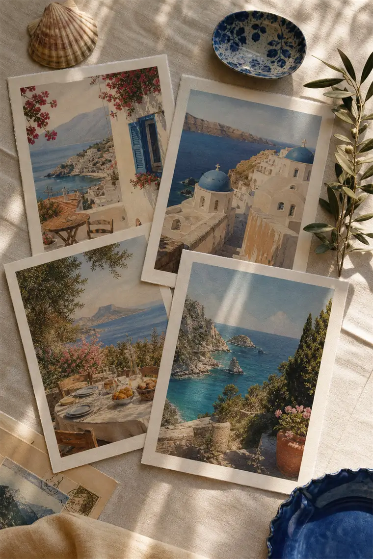 A Paros, Mykonos, and Corfu three-print travel set.