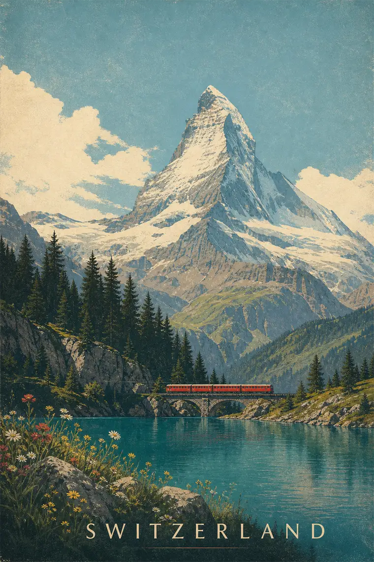 A vintage alpine mountain travel poster made with AI.