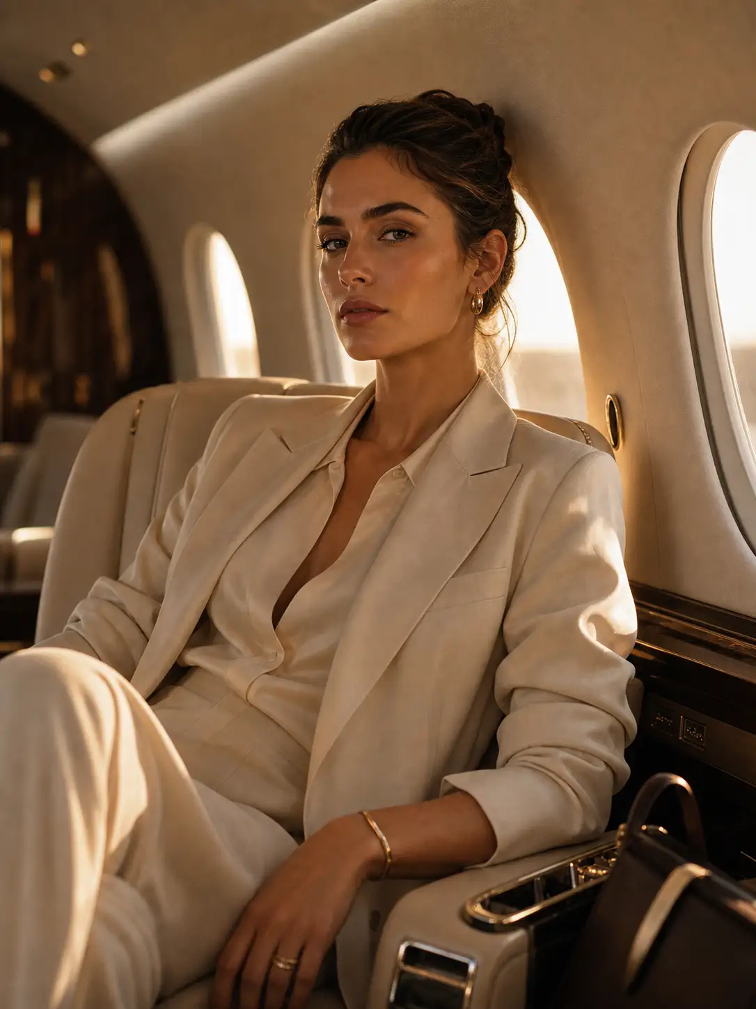 A private-jet luxury-travel editorial portrait from one photo.