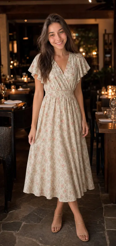 The same person shown in a floral dress for date night.