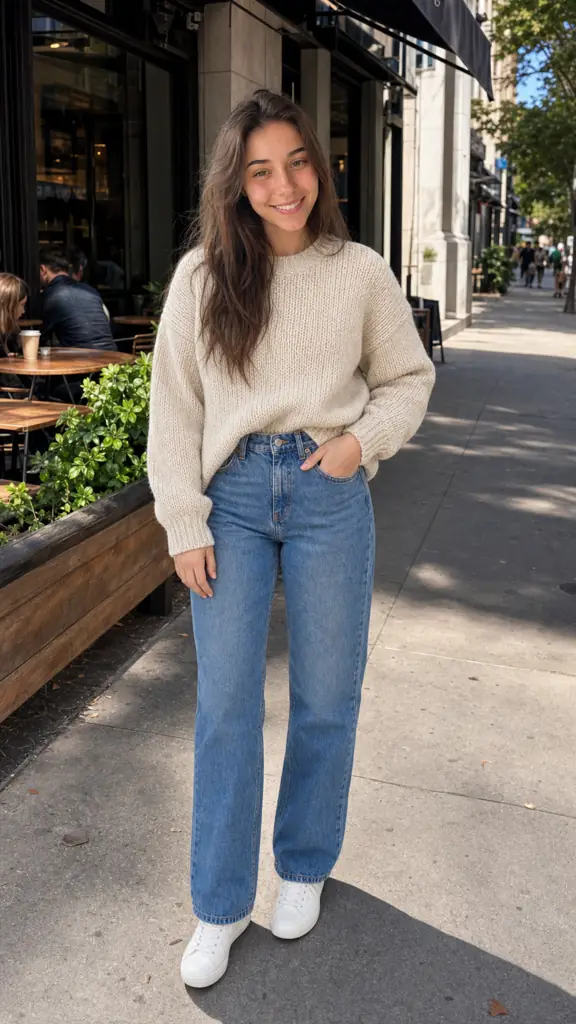 The same person shown in jeans and a chunky knit for an everyday look.