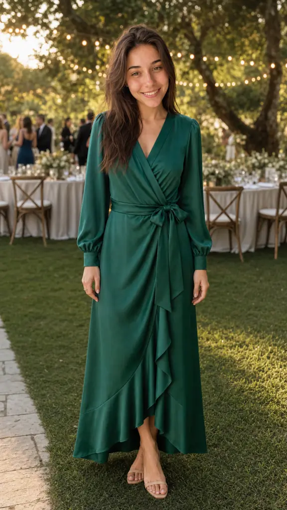 A person shown wearing an emerald dress for a wedding, generated from one photo.