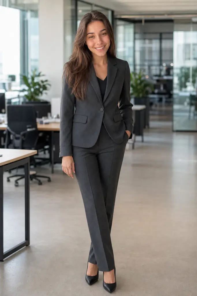 The same person shown in a tailored suit for work.